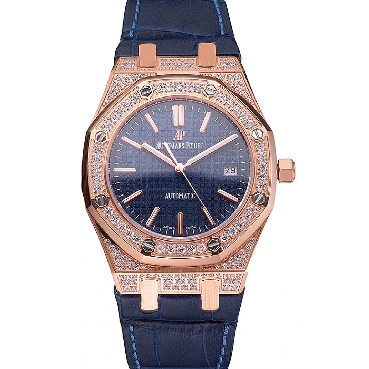 MiroTime Swiss Audemars Piguet Royal Oak Blue Dial Gold Case With Diamonds Blue Leather Strap