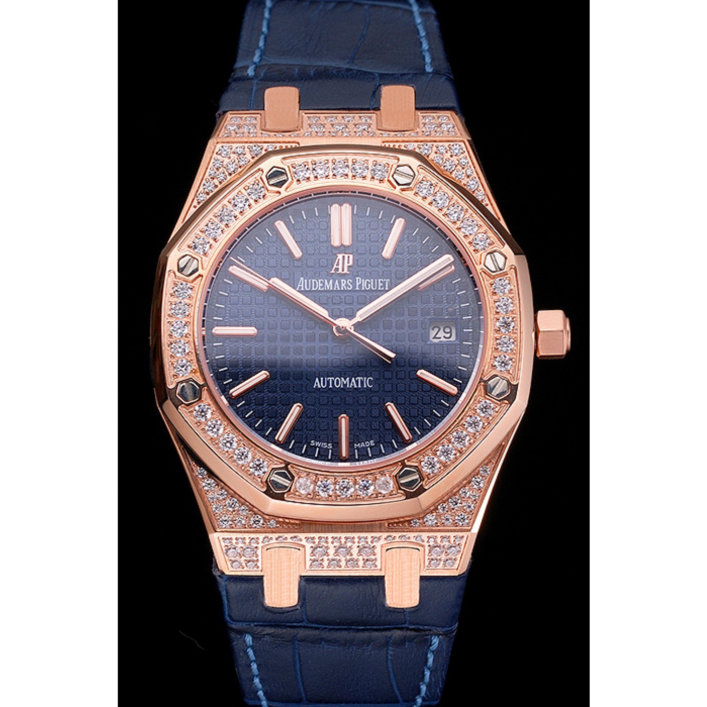 MiroTime Swiss Audemars Piguet Royal Oak Blue Dial Gold Case With Diamonds Blue Leather Strap