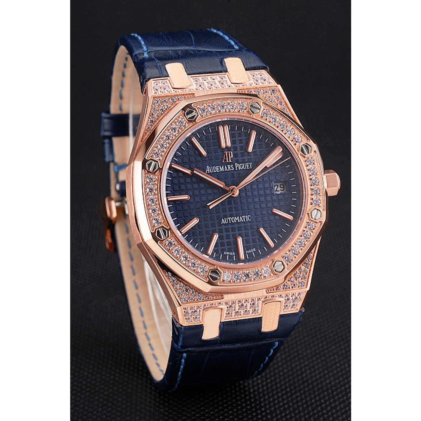 MiroTime Swiss Audemars Piguet Royal Oak Blue Dial Gold Case With Diamonds Blue Leather Strap