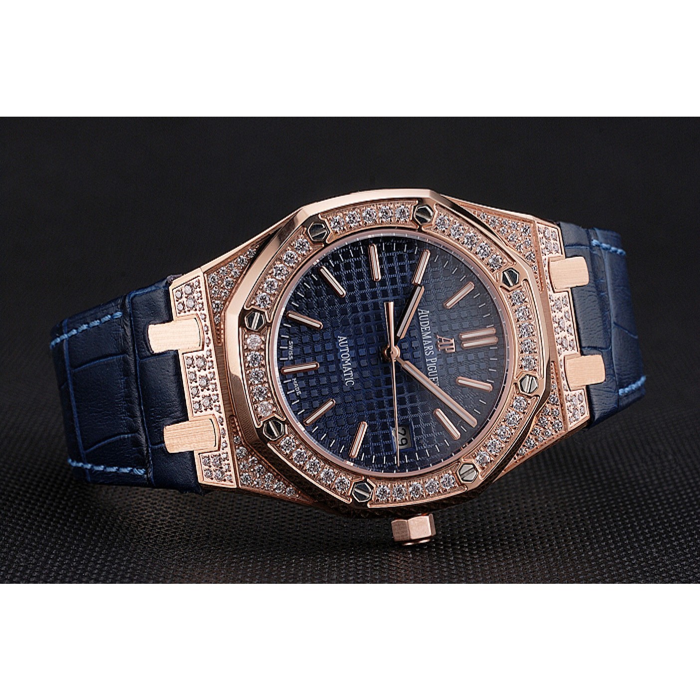 MiroTime Swiss Audemars Piguet Royal Oak Blue Dial Gold Case With Diamonds Blue Leather Strap