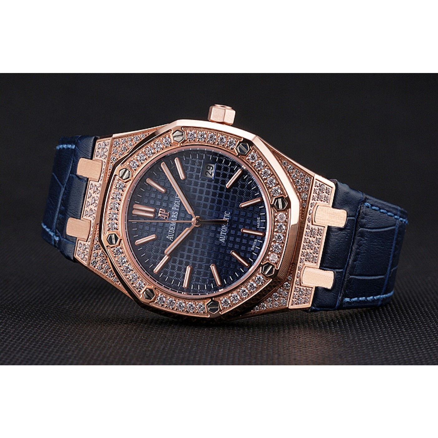 MiroTime Swiss Audemars Piguet Royal Oak Blue Dial Gold Case With Diamonds Blue Leather Strap