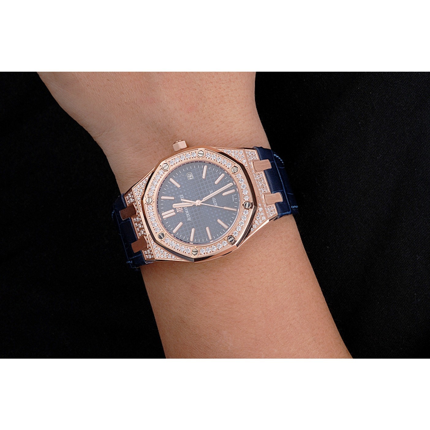 MiroTime Swiss Audemars Piguet Royal Oak Blue Dial Gold Case With Diamonds Blue Leather Strap