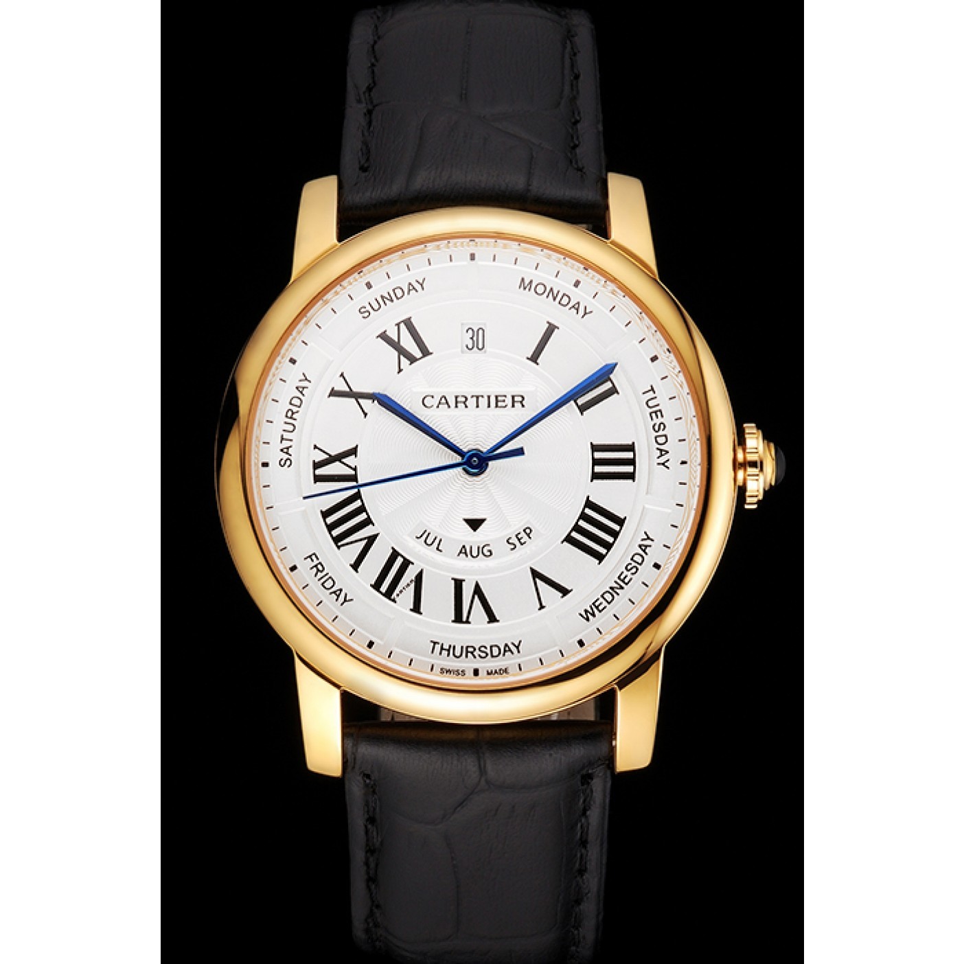 MiroTime Swiss Cartier Rotonde Annual Calendar White Dial Gold Case Black Leather Strap