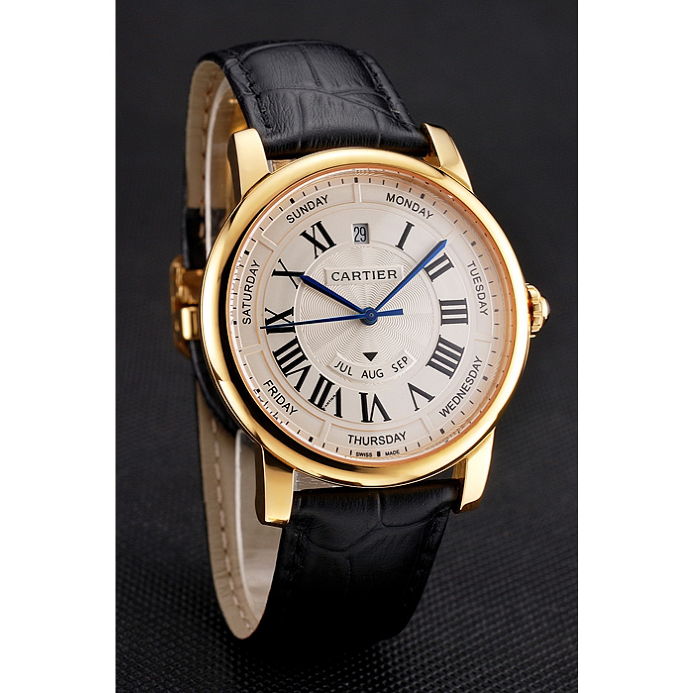 MiroTime Swiss Cartier Rotonde Annual Calendar White Dial Gold Case Black Leather Strap
