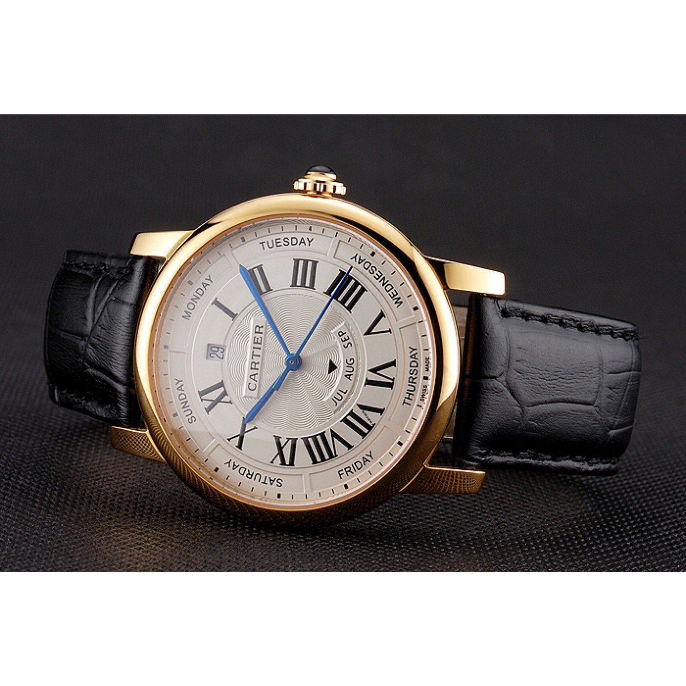 MiroTime Swiss Cartier Rotonde Annual Calendar White Dial Gold Case Black Leather Strap