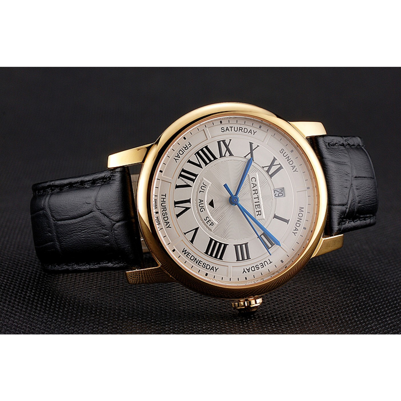 MiroTime Swiss Cartier Rotonde Annual Calendar White Dial Gold Case Black Leather Strap