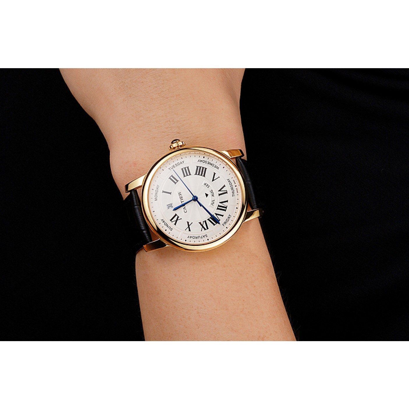 MiroTime Swiss Cartier Rotonde Annual Calendar White Dial Gold Case Black Leather Strap