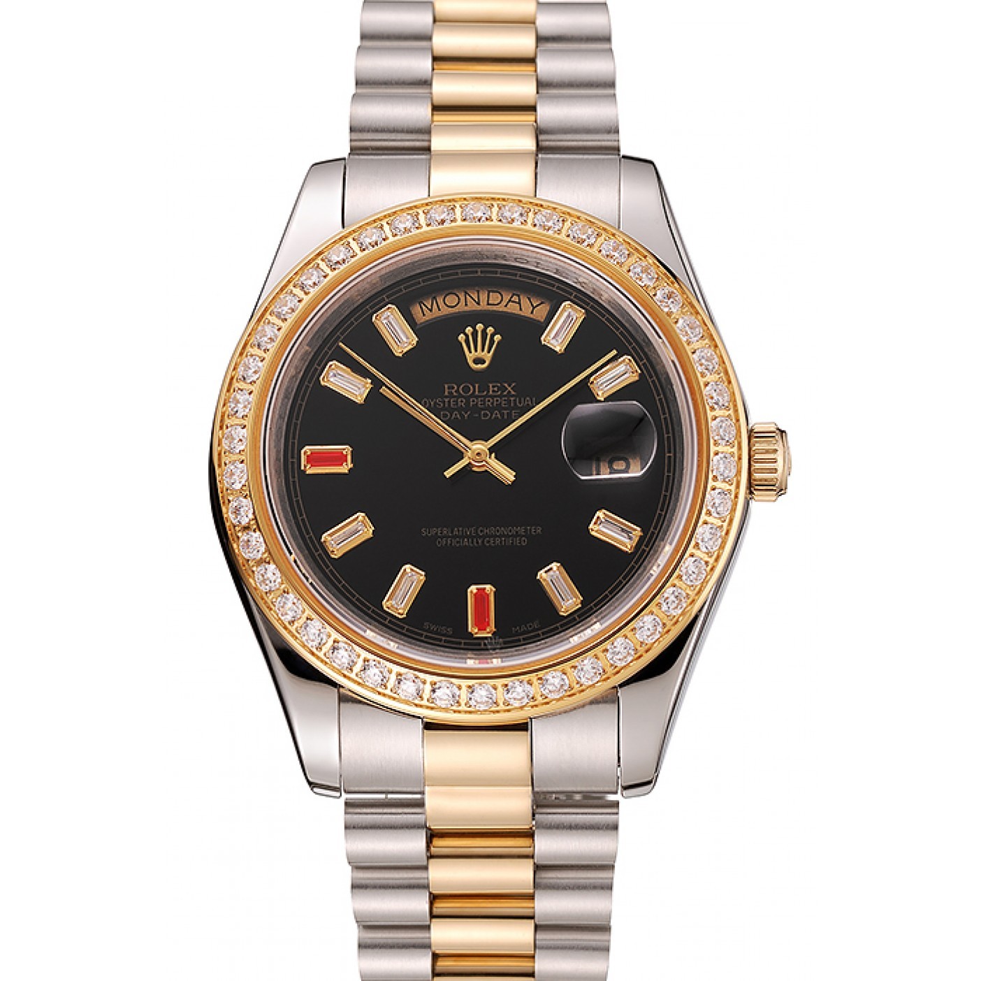 MiroTime Swiss Rolex Day-Date Diamonds And Rubies Black Dial Two Tone Bracelet 1454105