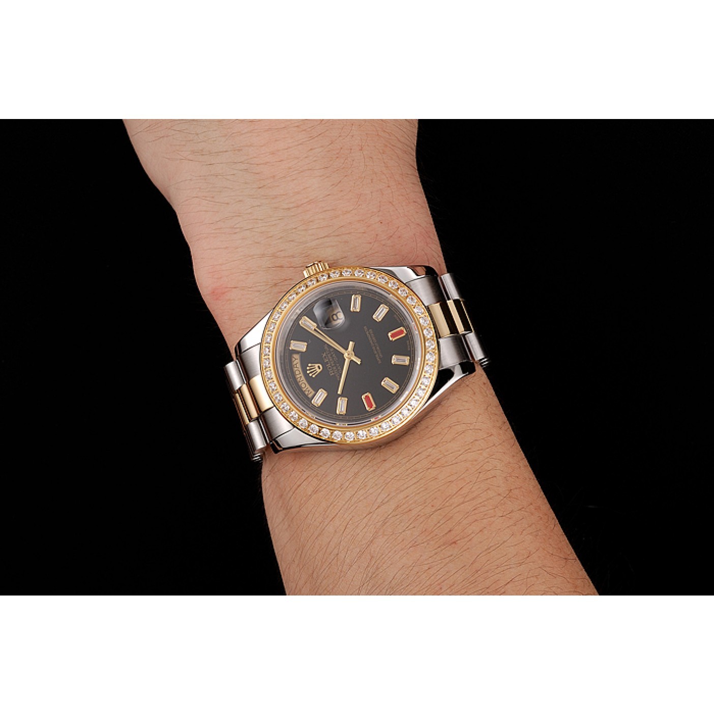 MiroTime Swiss Rolex Day-Date Diamonds And Rubies Black Dial Two Tone Bracelet 1454105