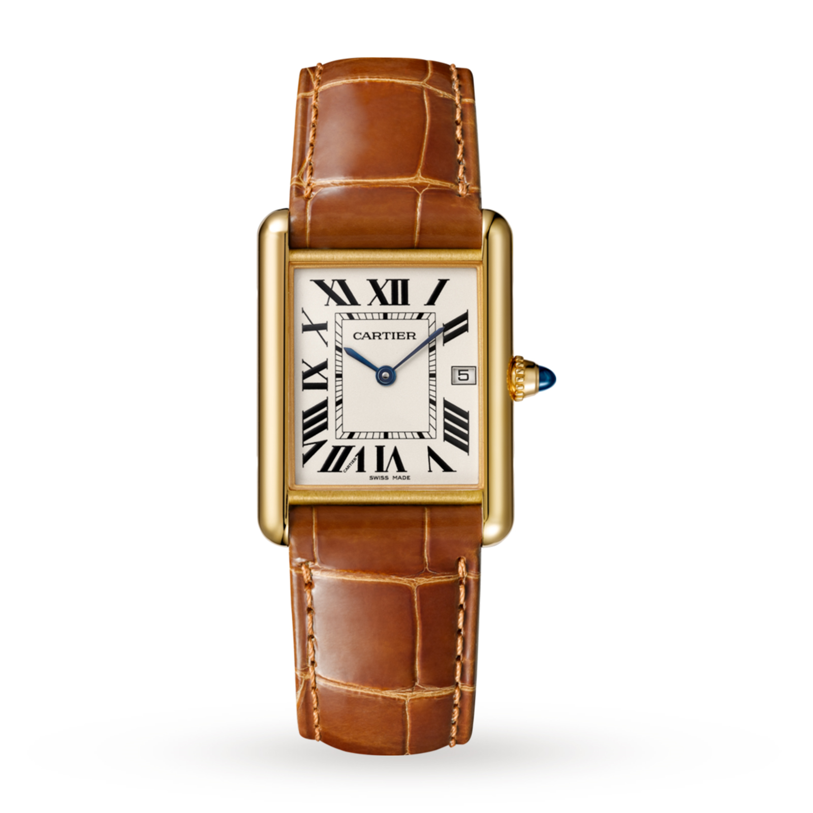 MiroTime Swiss Tank Louis Cartier watch, Large model, yellow gold, leather, sapphire