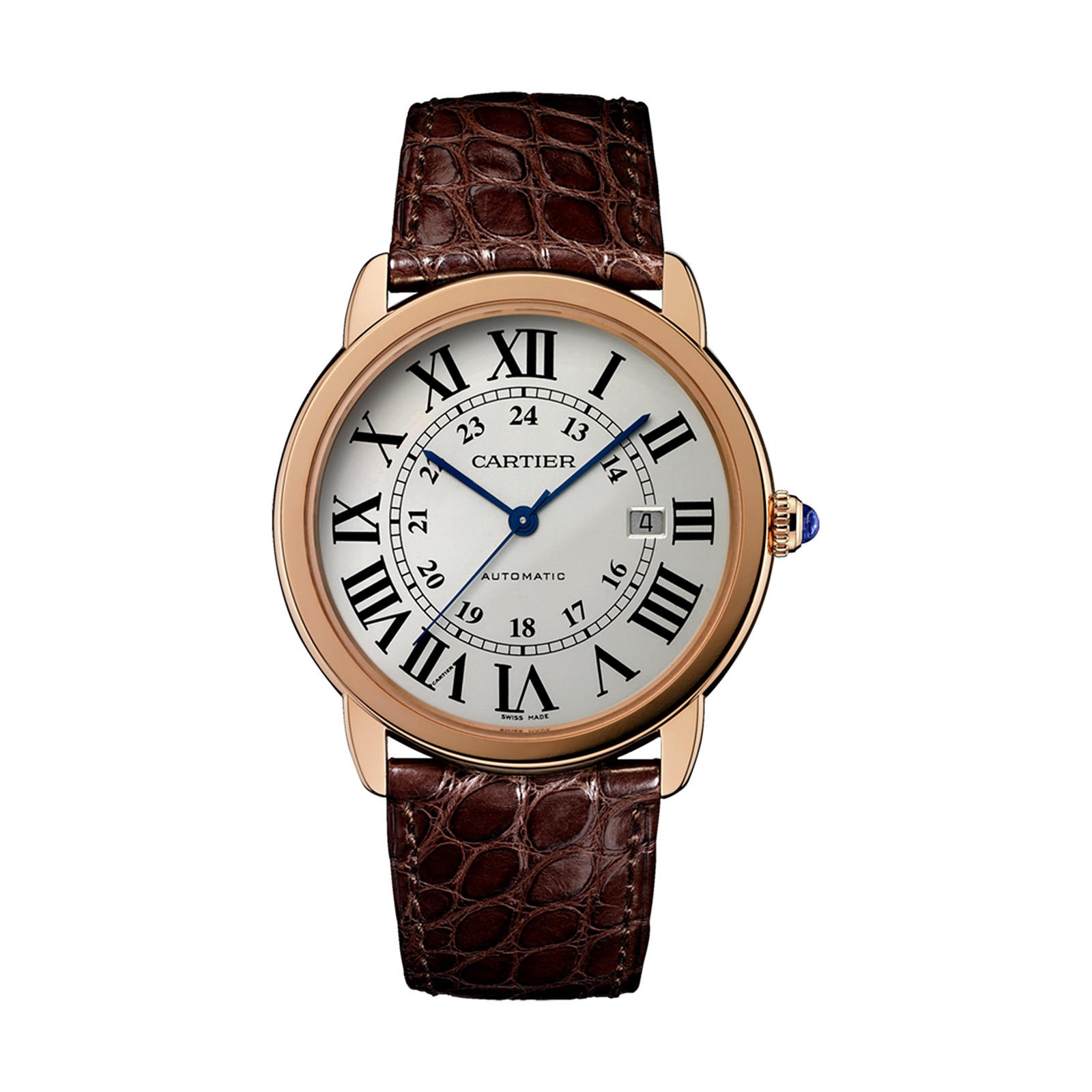 MiroTime Swiss Ronde Solo de Cartier watch, 42 mm, 18K pink gold, steel, leather