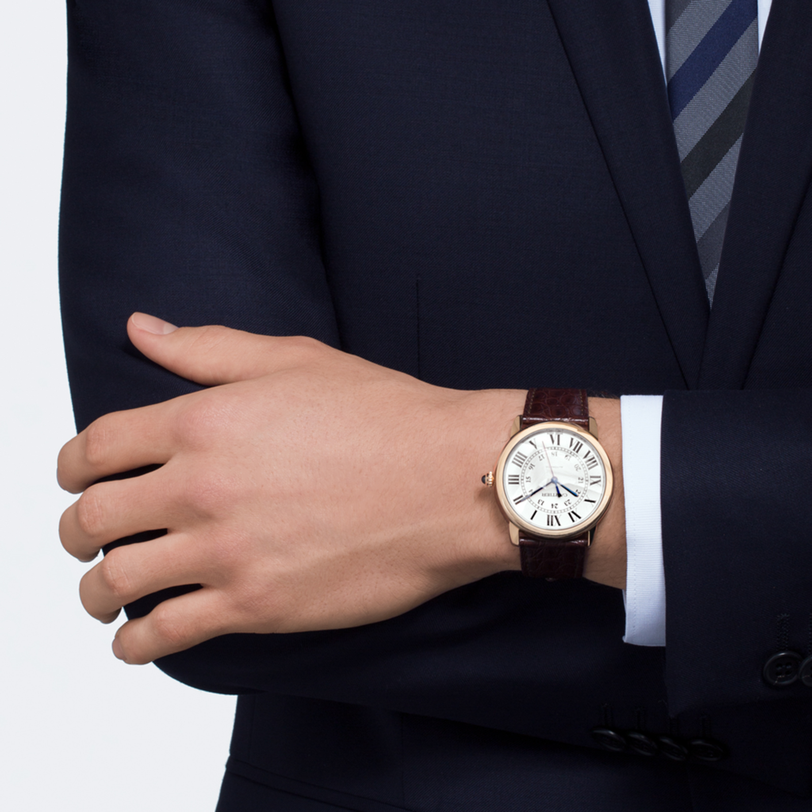 MiroTime Swiss Ronde Solo de Cartier watch, 42 mm, 18K pink gold, steel, leather