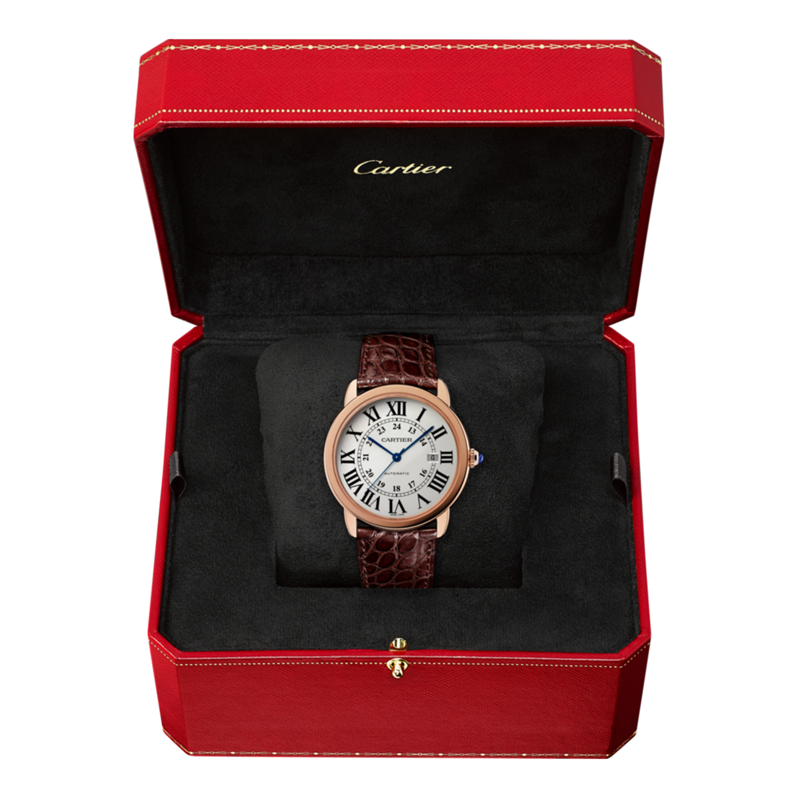 MiroTime Swiss Ronde Solo de Cartier watch, 42 mm, 18K pink gold, steel, leather