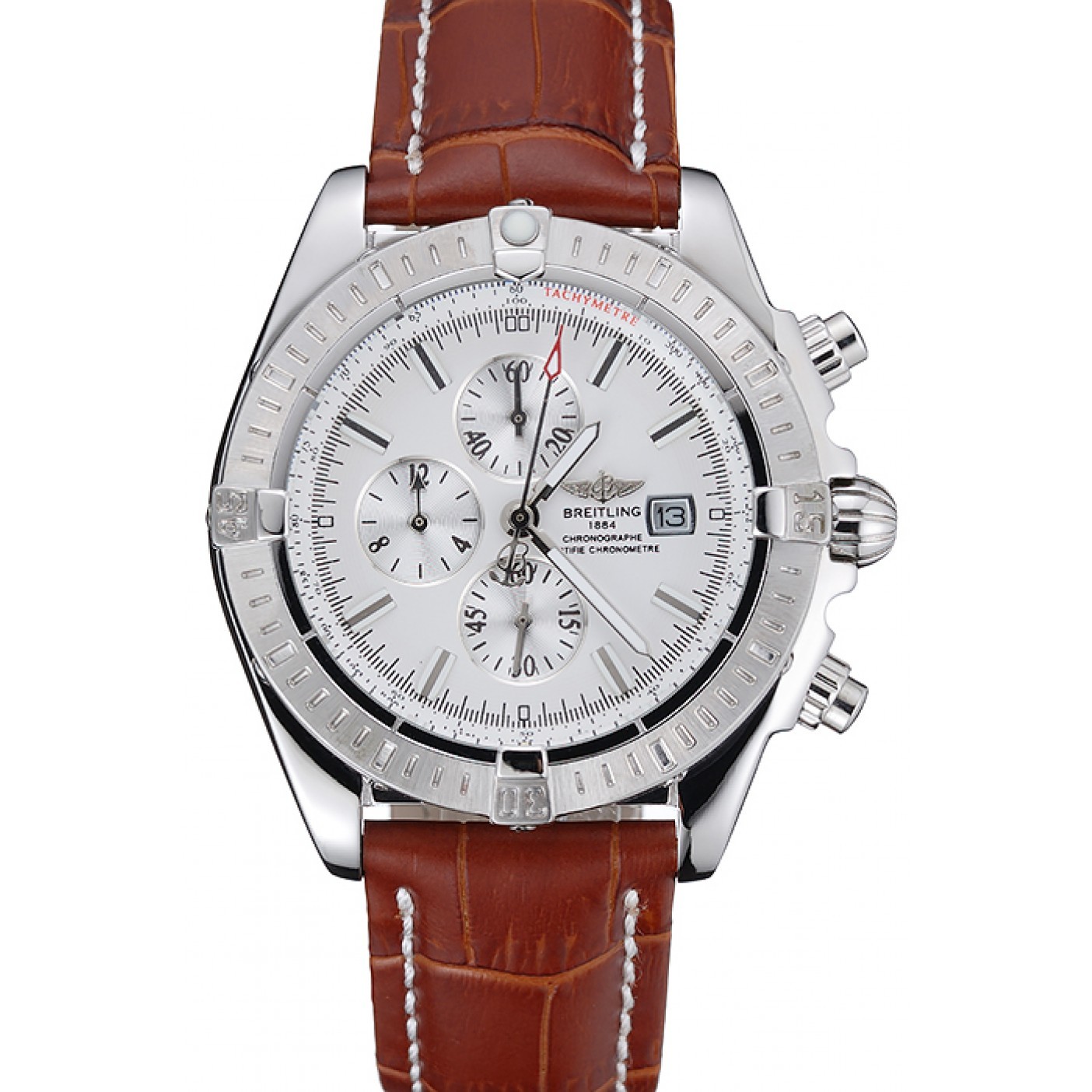 MiroTime Breitling Chronomat 13 Stainless Steel Case White Dial Brown Leather Bracelet 622239
