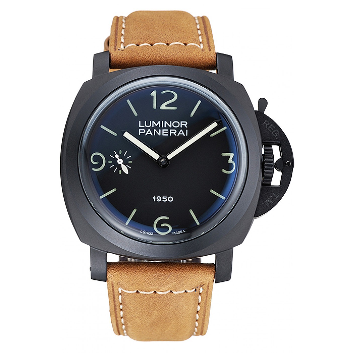 MiroTime Panerai Luminor Black Ionized Stainless Steel Case Black Dial Brown Suede Leather Strap