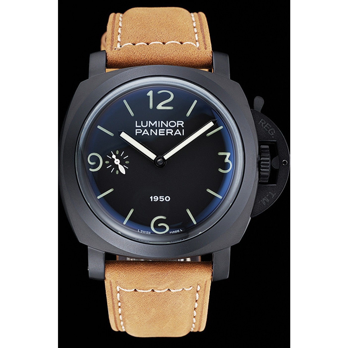 MiroTime Panerai Luminor Black Ionized Stainless Steel Case Black Dial Brown Suede Leather Strap