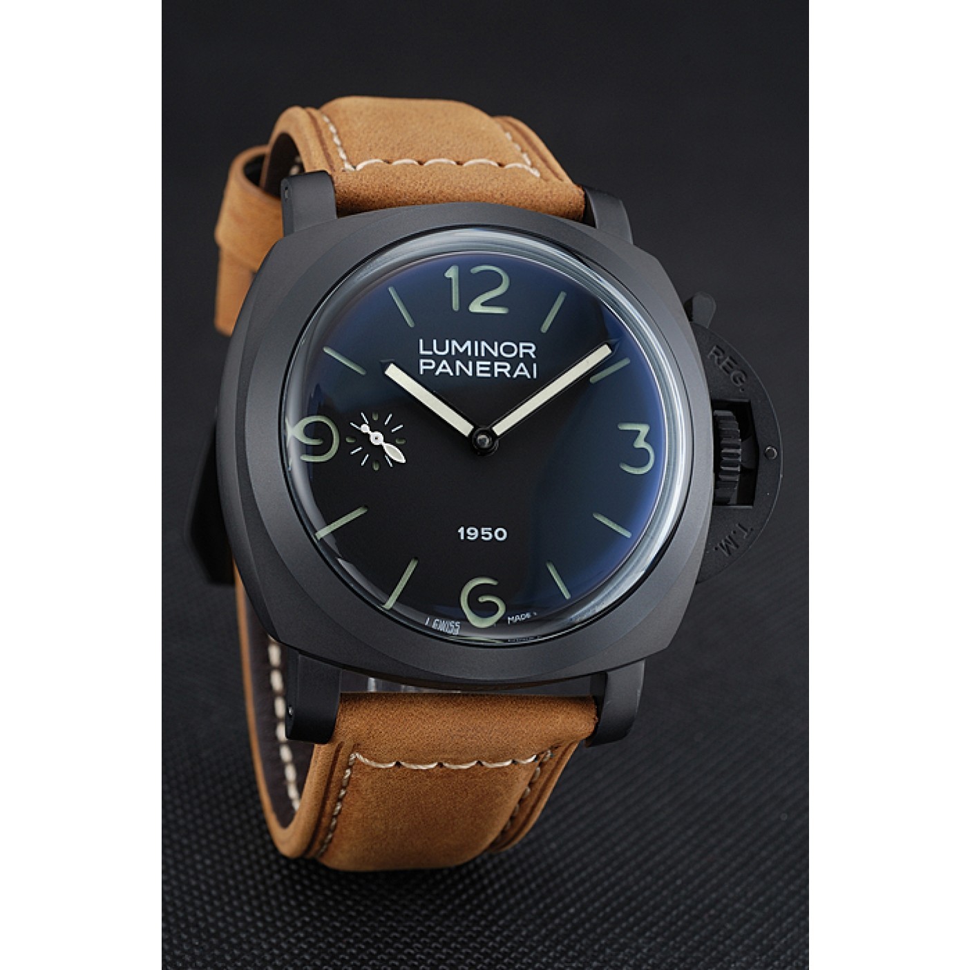 MiroTime Panerai Luminor Black Ionized Stainless Steel Case Black Dial Brown Suede Leather Strap