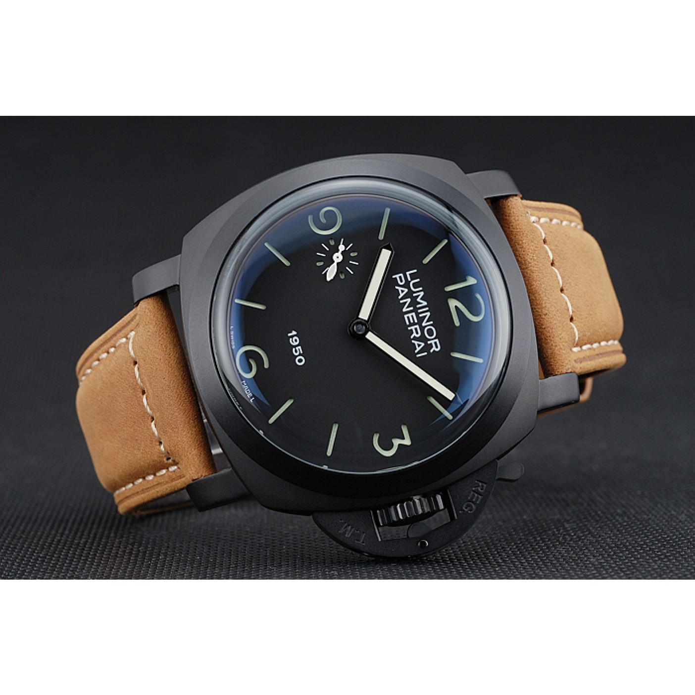MiroTime Panerai Luminor Black Ionized Stainless Steel Case Black Dial Brown Suede Leather Strap