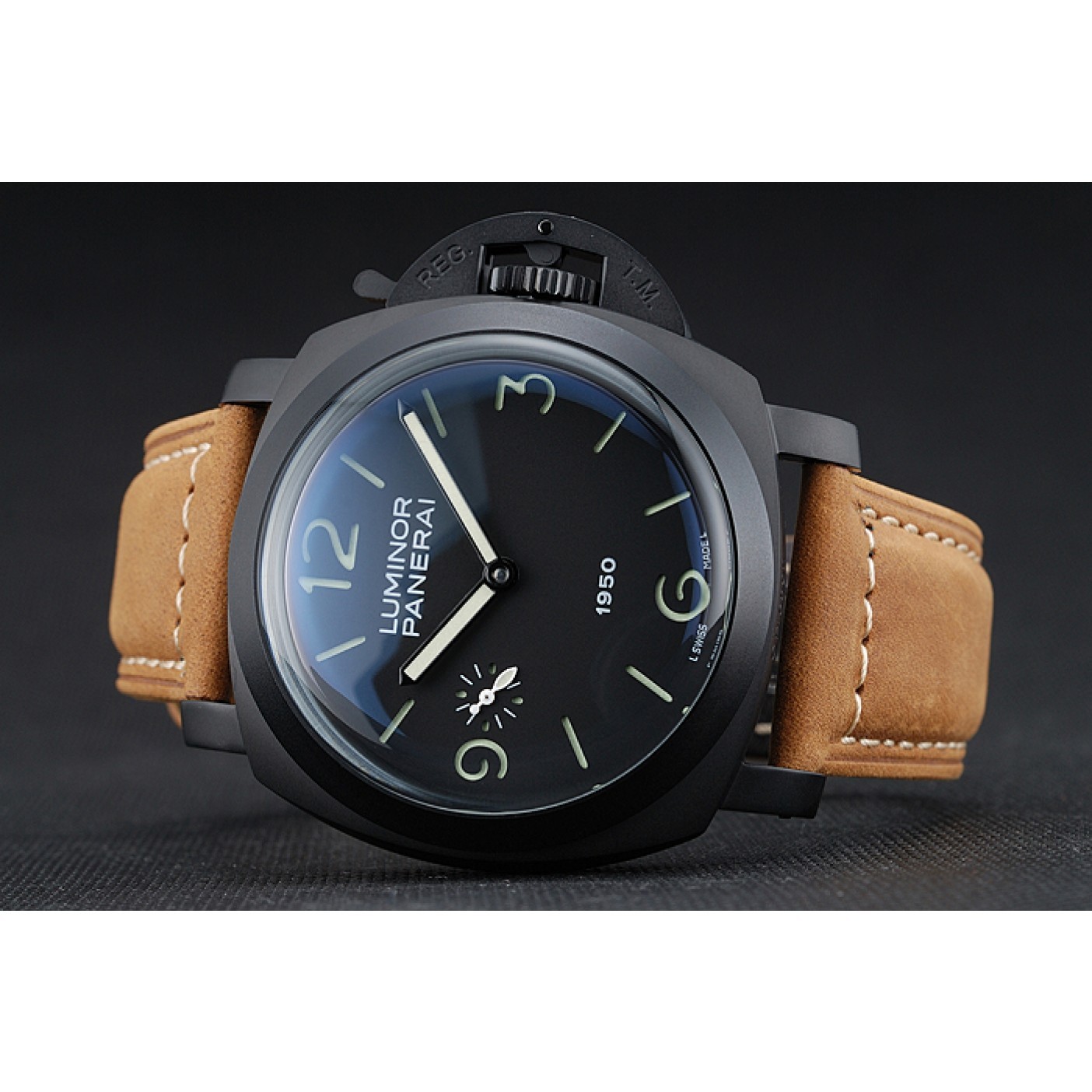 MiroTime Panerai Luminor Black Ionized Stainless Steel Case Black Dial Brown Suede Leather Strap