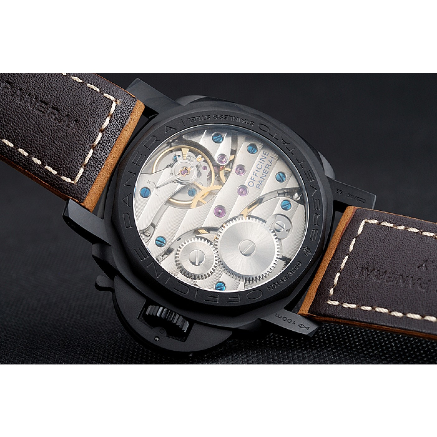 MiroTime Panerai Luminor Black Ionized Stainless Steel Case Black Dial Brown Suede Leather Strap