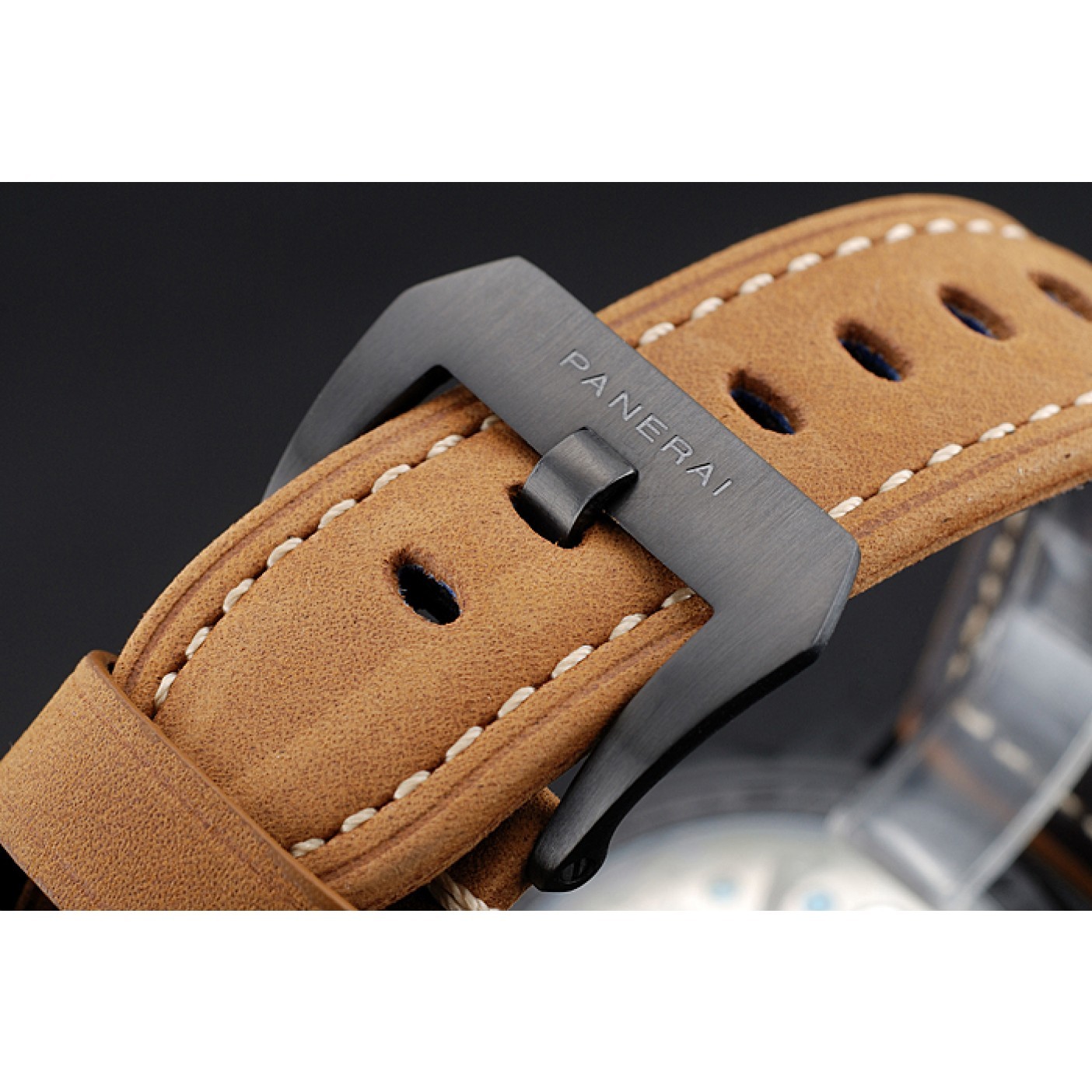 MiroTime Panerai Luminor Black Ionized Stainless Steel Case Black Dial Brown Suede Leather Strap