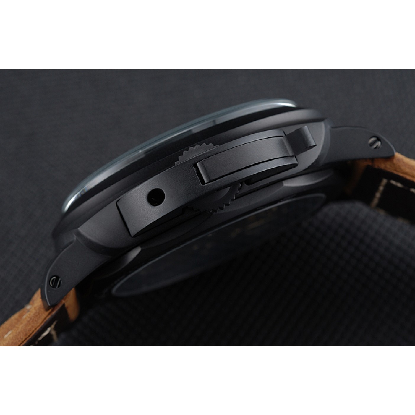 MiroTime Panerai Luminor Black Ionized Stainless Steel Case Black Dial Brown Suede Leather Strap