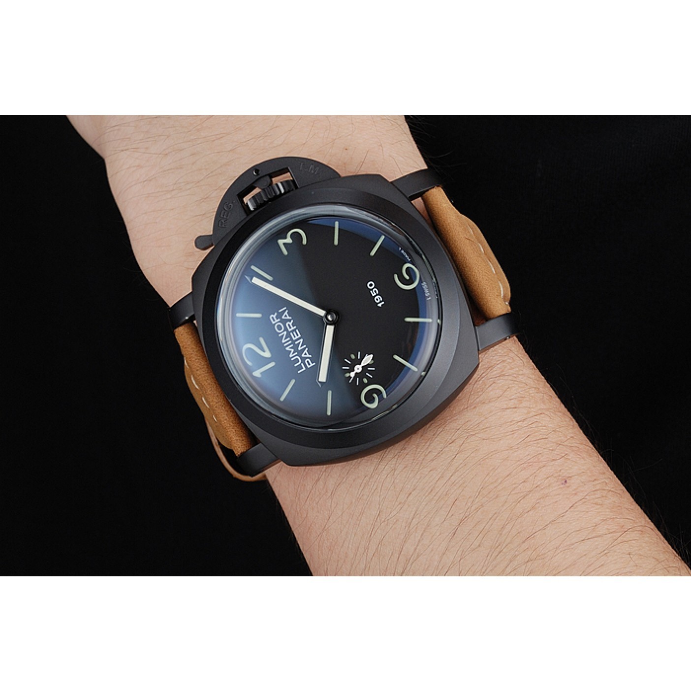 MiroTime Panerai Luminor Black Ionized Stainless Steel Case Black Dial Brown Suede Leather Strap