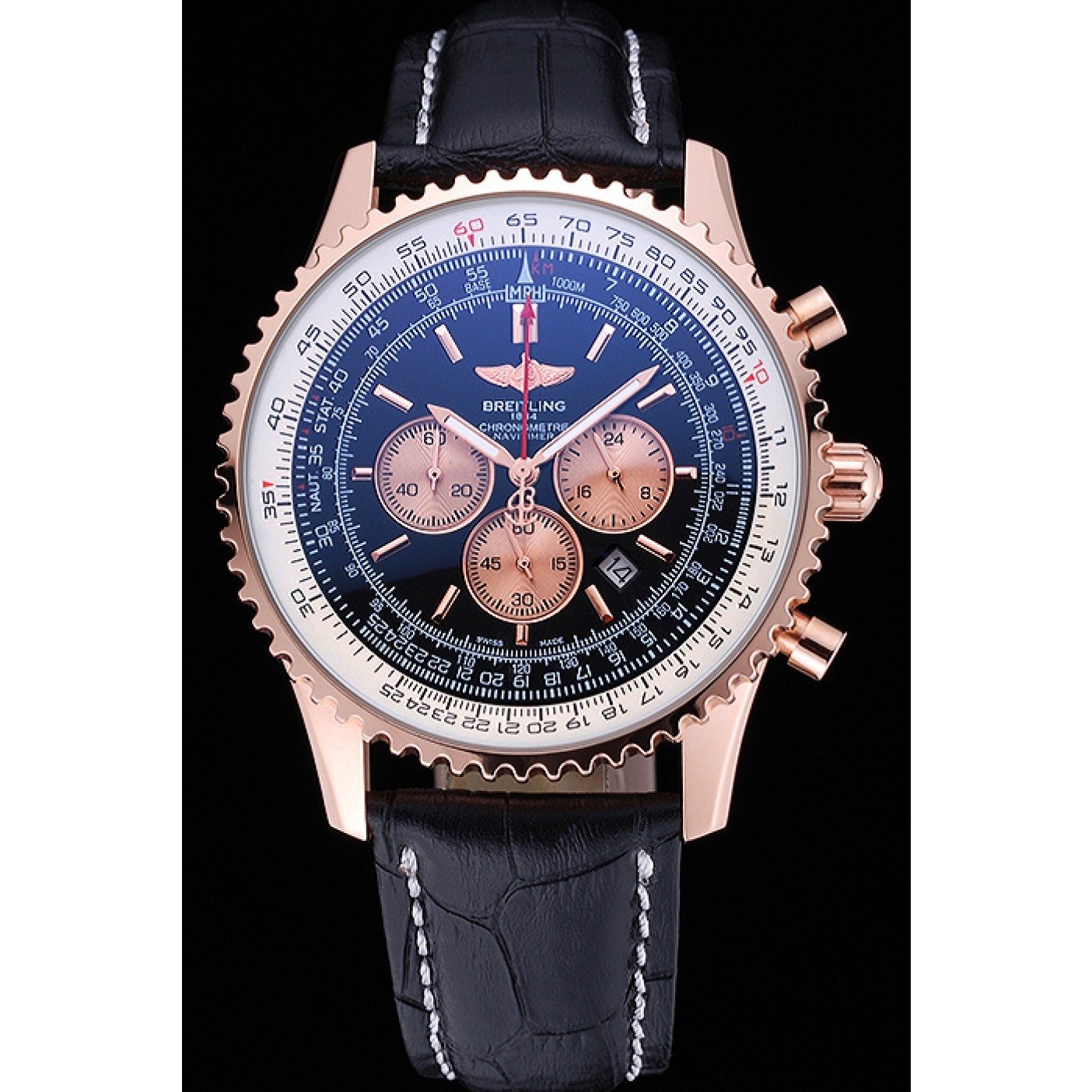 MiroTime Breitling Navitimer 01 Black Dial Rose Gold Case Black Leather Bracelet 622503