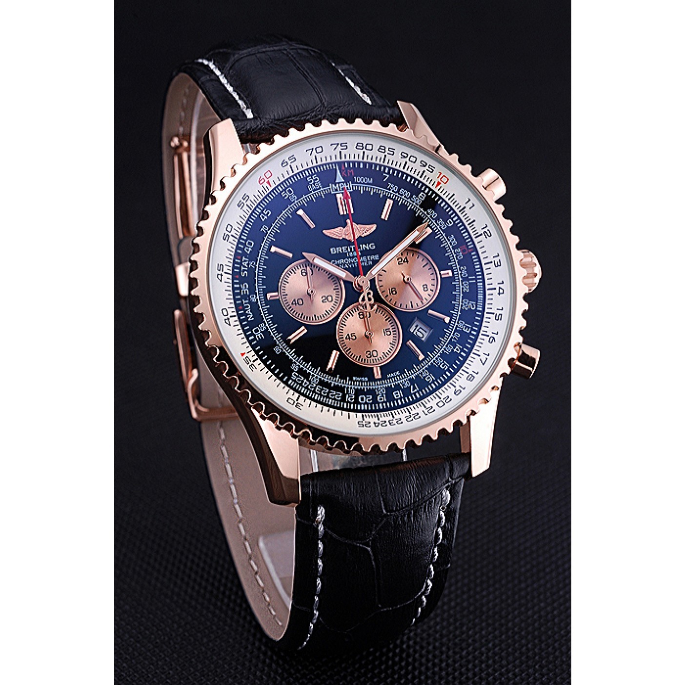 MiroTime Breitling Navitimer 01 Black Dial Rose Gold Case Black Leather Bracelet 622503