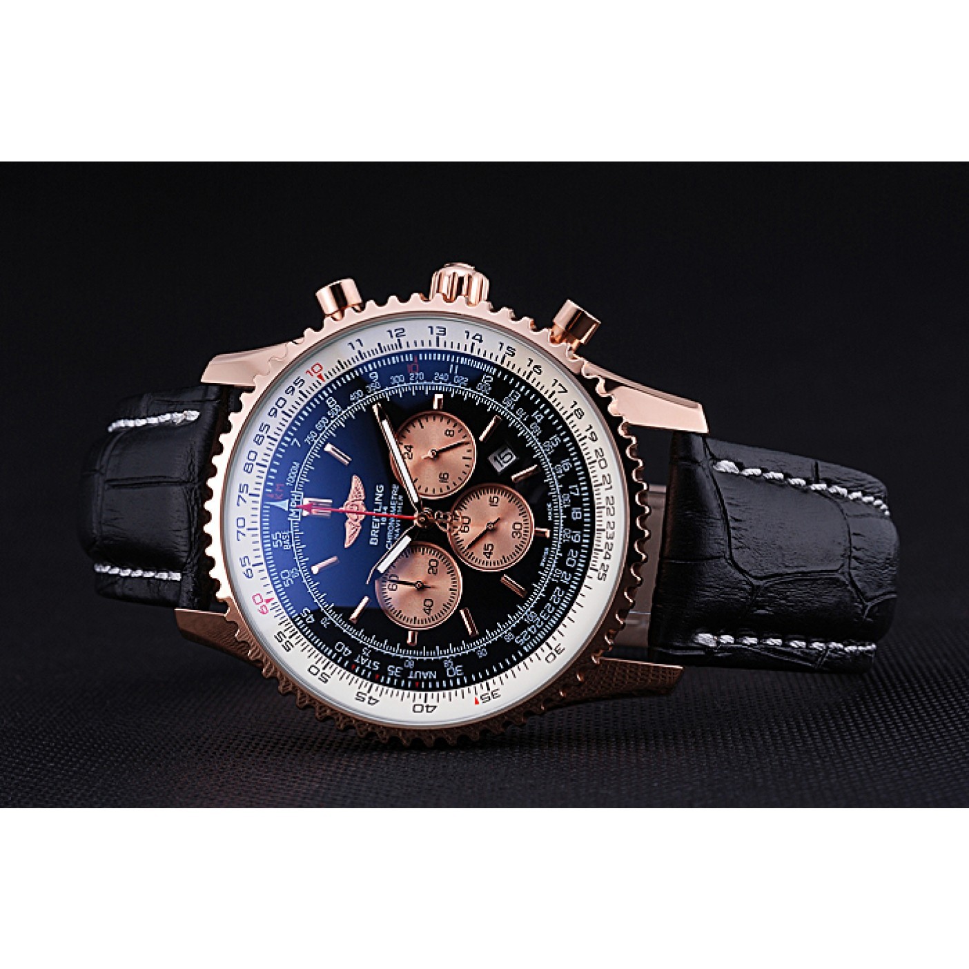 MiroTime Breitling Navitimer 01 Black Dial Rose Gold Case Black Leather Bracelet 622503
