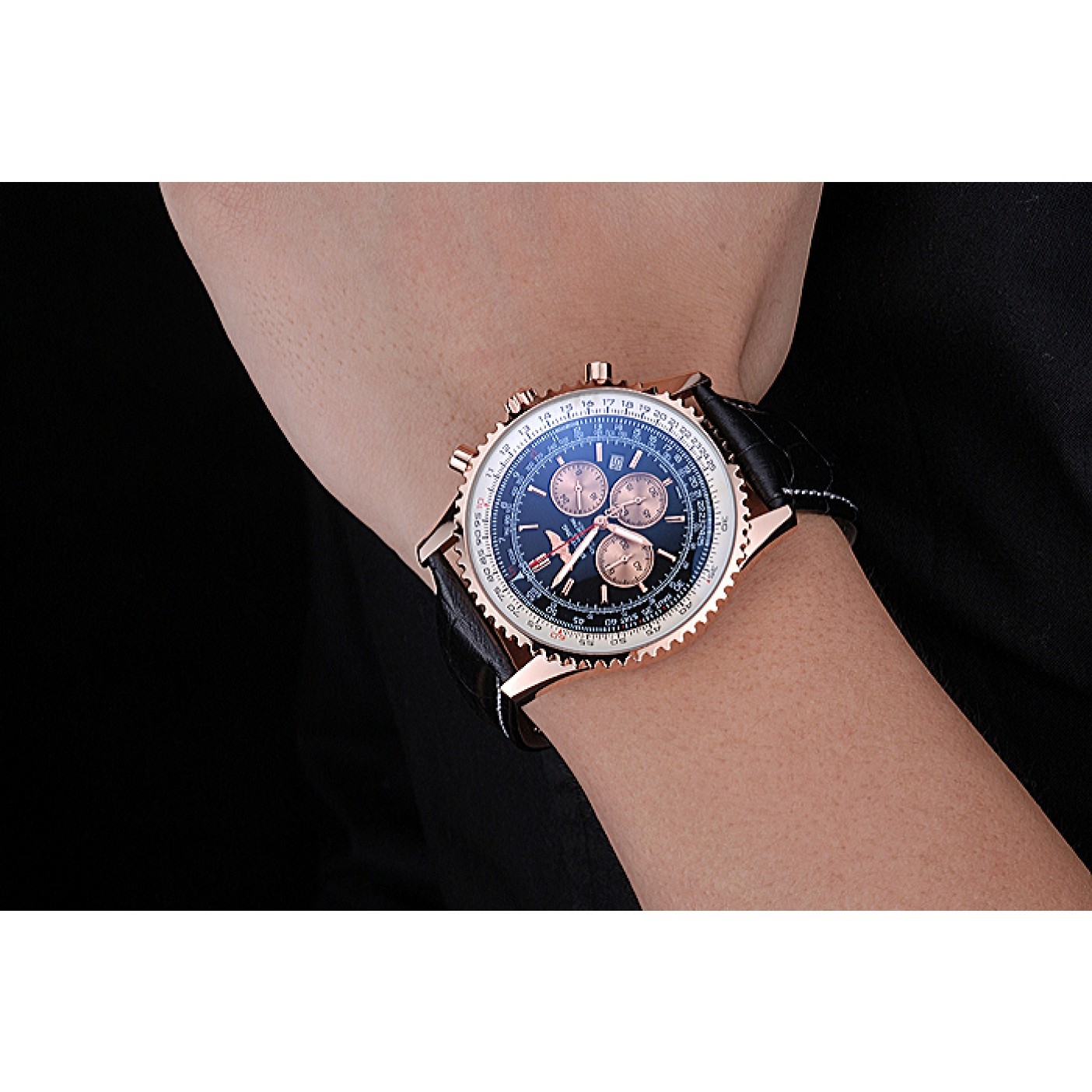 MiroTime Breitling Navitimer 01 Black Dial Rose Gold Case Black Leather Bracelet 622503