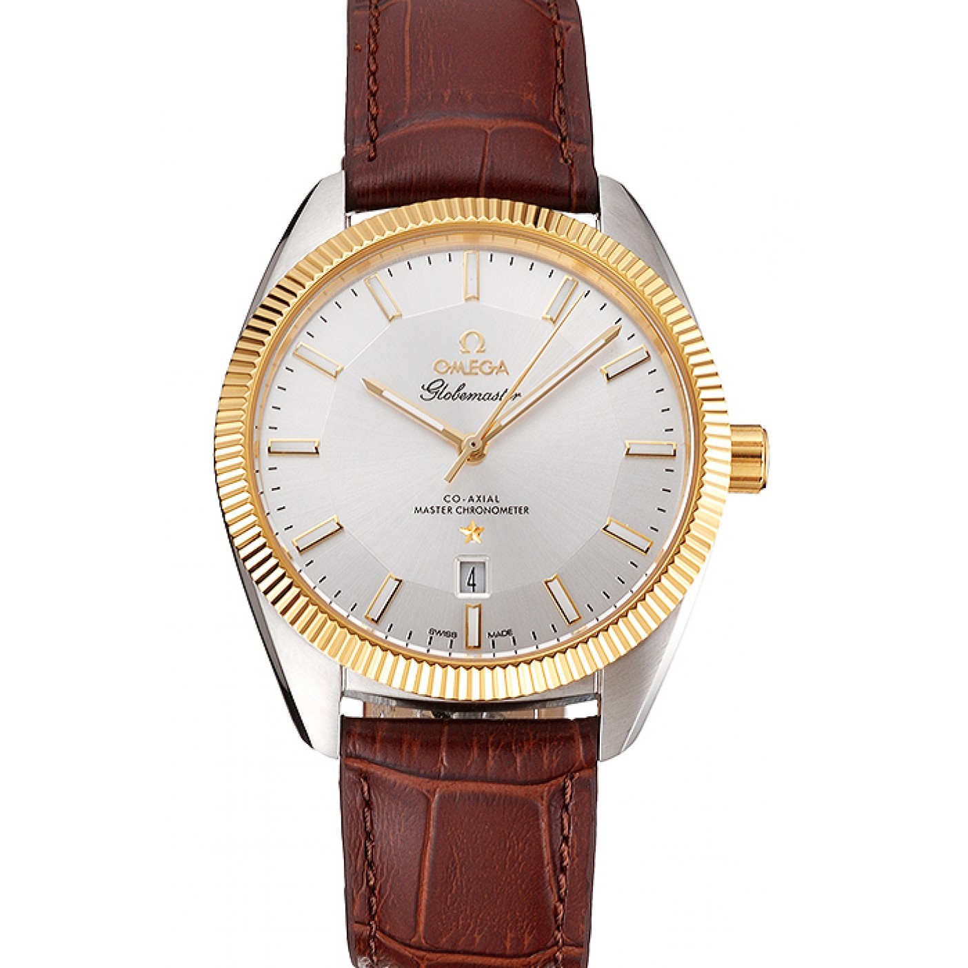 MiroTime Omega Globemaster Silver Dial Gold Bezel Stainless Steel Case Brown Leather Strap