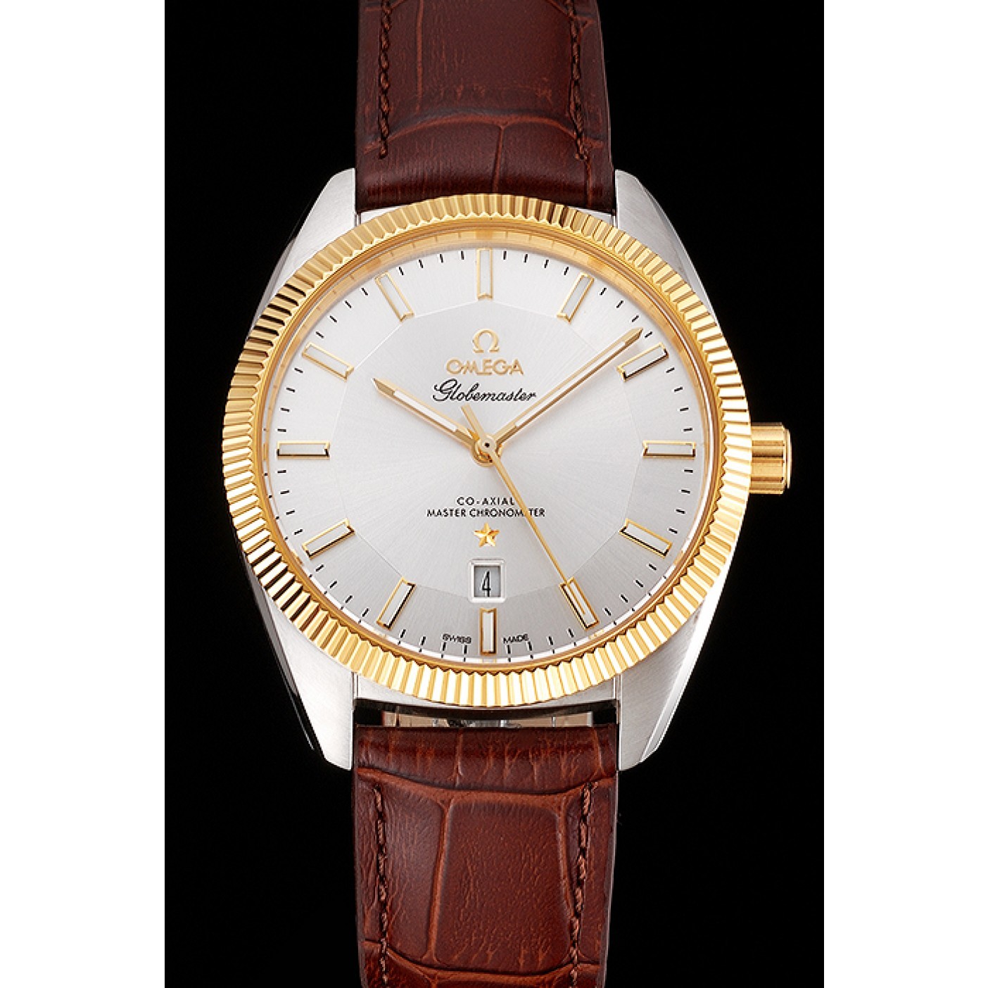 MiroTime Omega Globemaster Silver Dial Gold Bezel Stainless Steel Case Brown Leather Strap