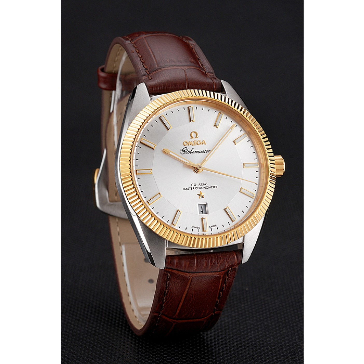 MiroTime Omega Globemaster Silver Dial Gold Bezel Stainless Steel Case Brown Leather Strap