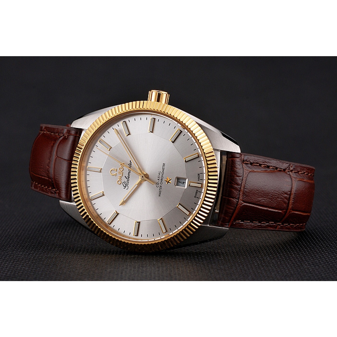 MiroTime Omega Globemaster Silver Dial Gold Bezel Stainless Steel Case Brown Leather Strap