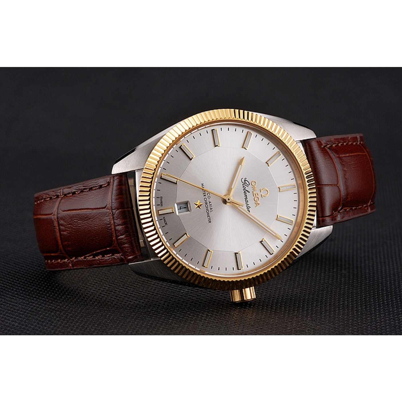 MiroTime Omega Globemaster Silver Dial Gold Bezel Stainless Steel Case Brown Leather Strap