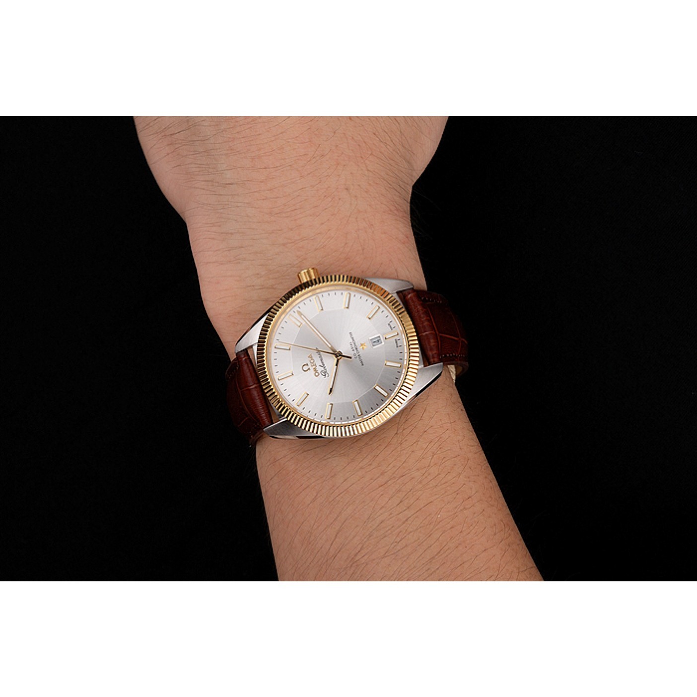 MiroTime Omega Globemaster Silver Dial Gold Bezel Stainless Steel Case Brown Leather Strap