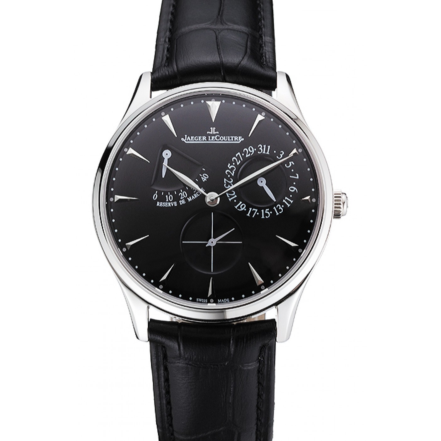 MiroTime Swiss Jaeger LeCoultre Master Ultra Thin Reserve De Marche Black Dial Stainless Steel Case Black Leather Strap