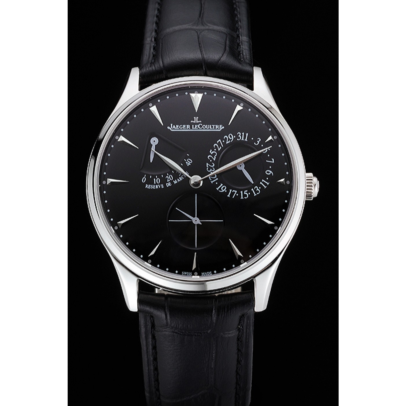 MiroTime Swiss Jaeger LeCoultre Master Ultra Thin Reserve De Marche Black Dial Stainless Steel Case Black Leather Strap