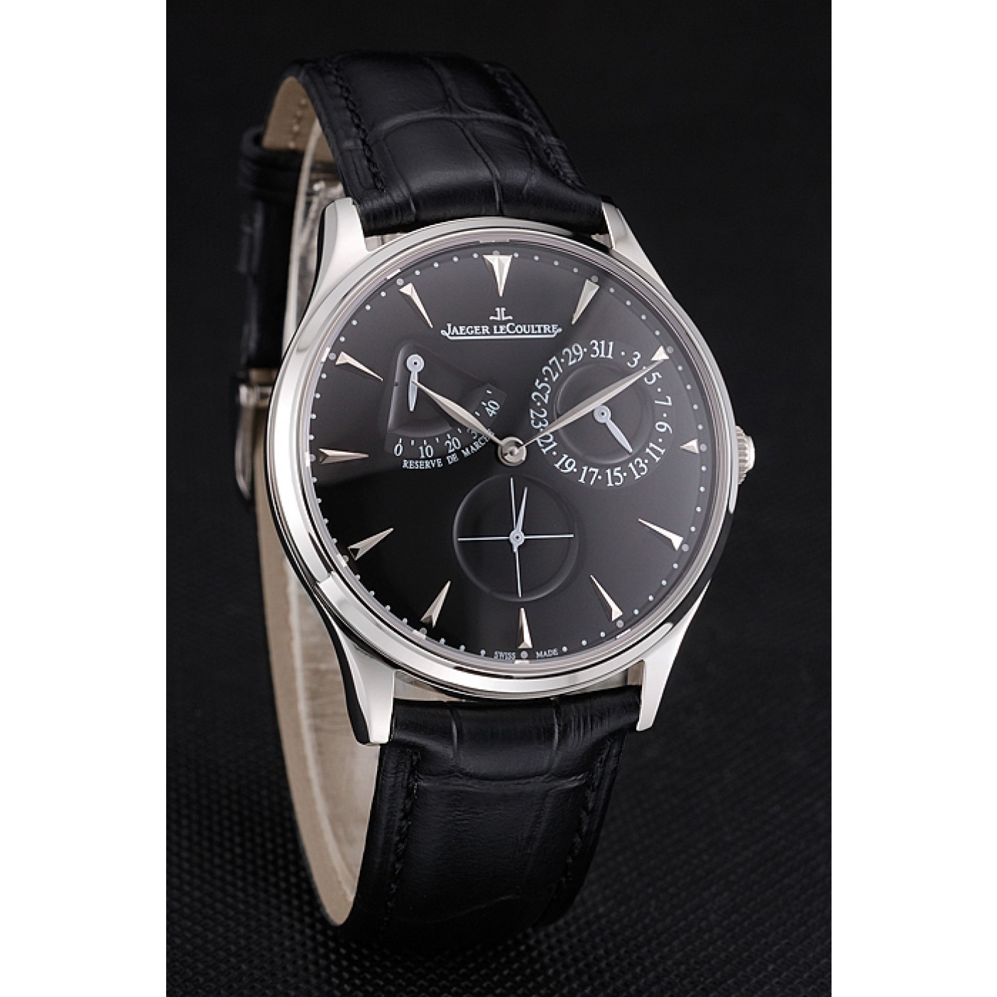 MiroTime Swiss Jaeger LeCoultre Master Ultra Thin Reserve De Marche Black Dial Stainless Steel Case Black Leather Strap