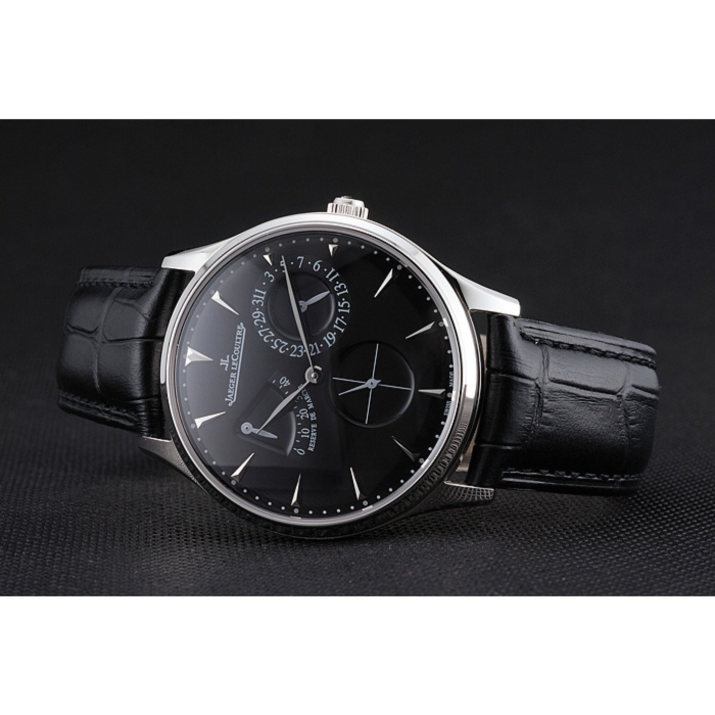 MiroTime Swiss Jaeger LeCoultre Master Ultra Thin Reserve De Marche Black Dial Stainless Steel Case Black Leather Strap