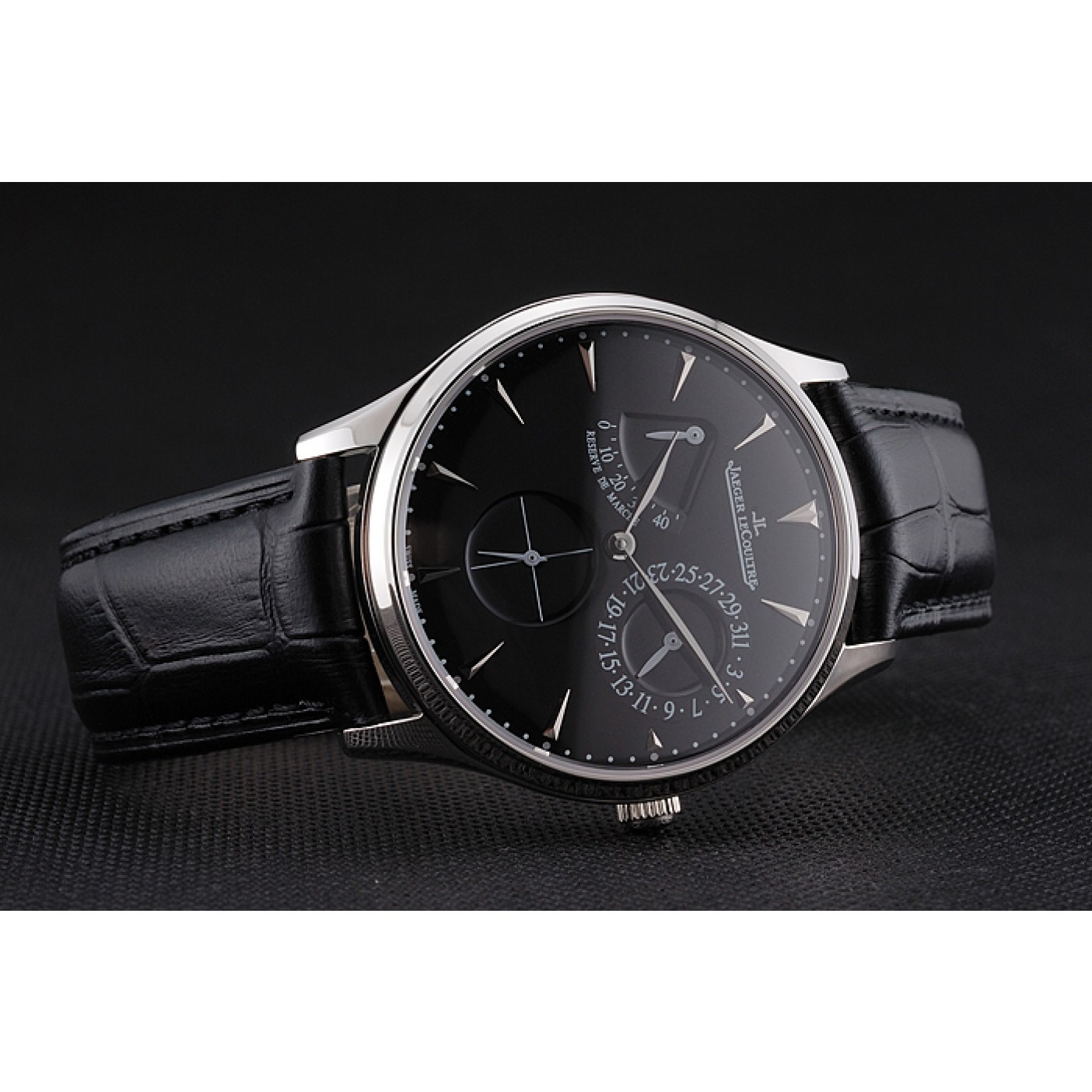 MiroTime Swiss Jaeger LeCoultre Master Ultra Thin Reserve De Marche Black Dial Stainless Steel Case Black Leather Strap