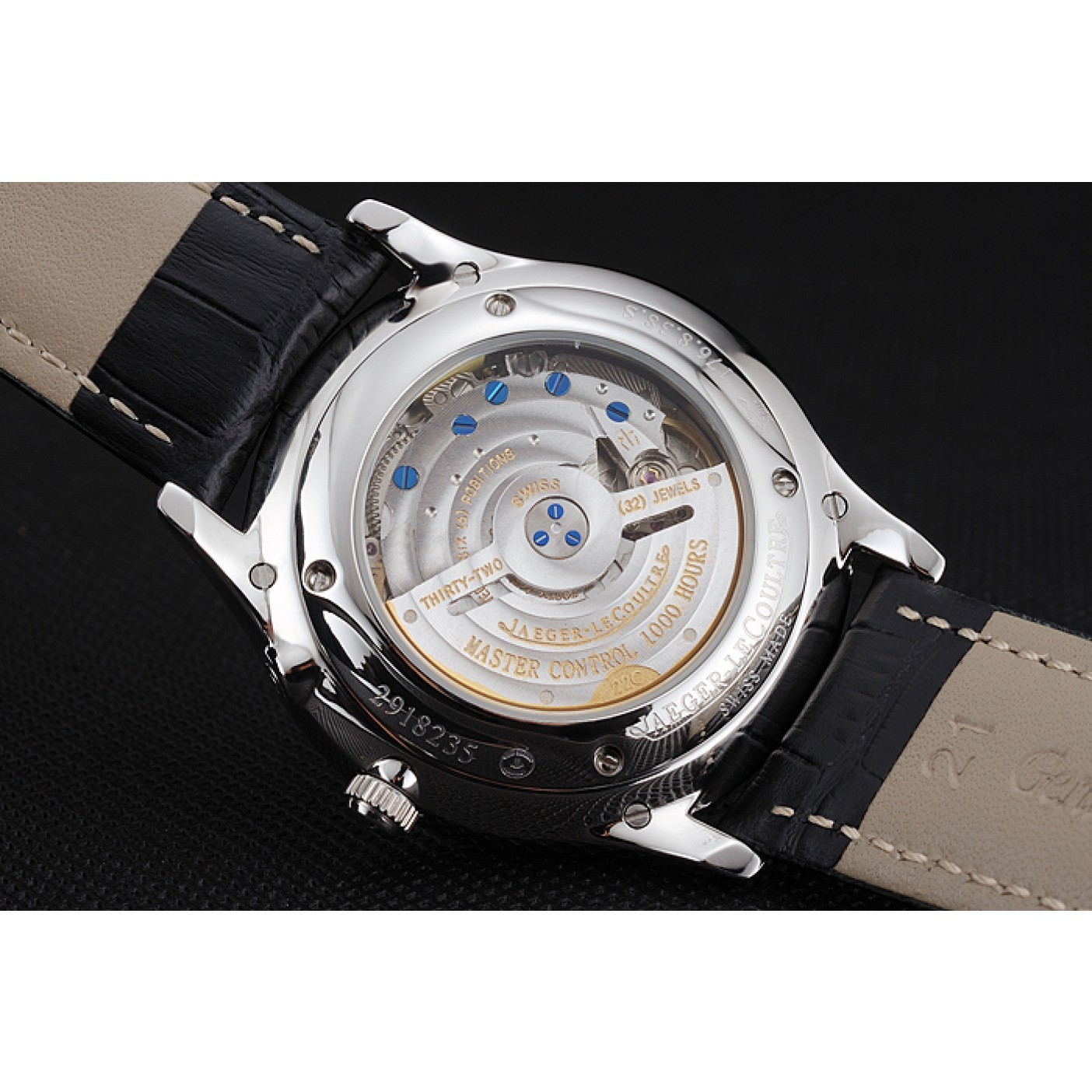 MiroTime Swiss Jaeger LeCoultre Master Ultra Thin Reserve De Marche Black Dial Stainless Steel Case Black Leather Strap