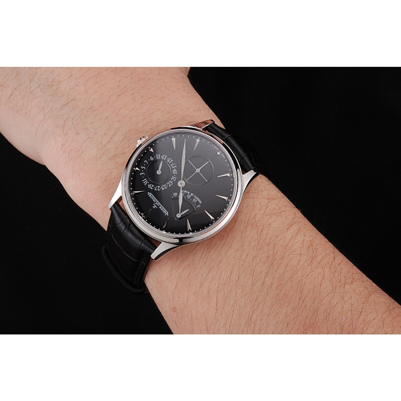 MiroTime Swiss Jaeger LeCoultre Master Ultra Thin Reserve De Marche Black Dial Stainless Steel Case Black Leather Strap