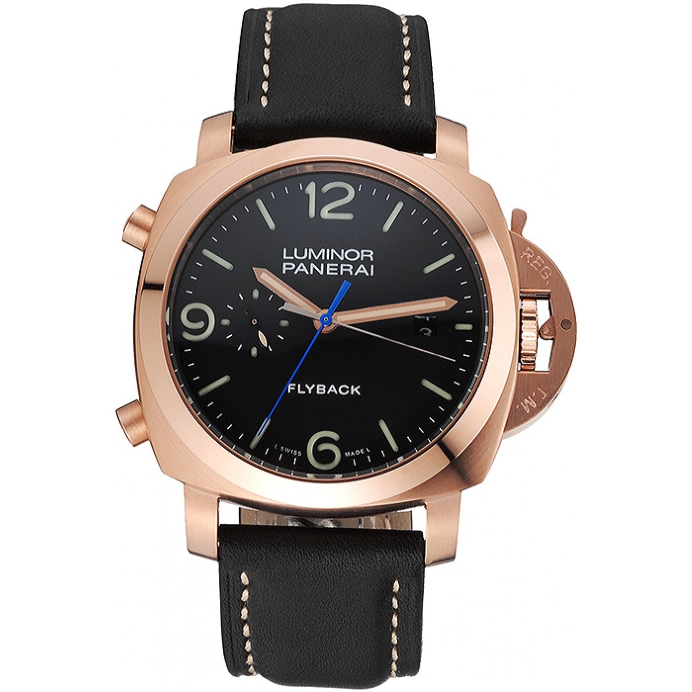 MiroTime Panerai Luminor 1950 3 Days Chrono Flyback Black Dial Rose Gold Case Black Leather Strap