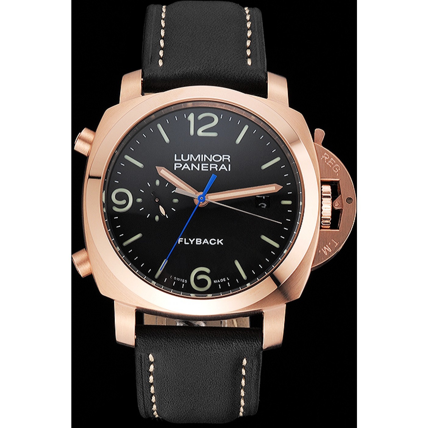MiroTime Panerai Luminor 1950 3 Days Chrono Flyback Black Dial Rose Gold Case Black Leather Strap