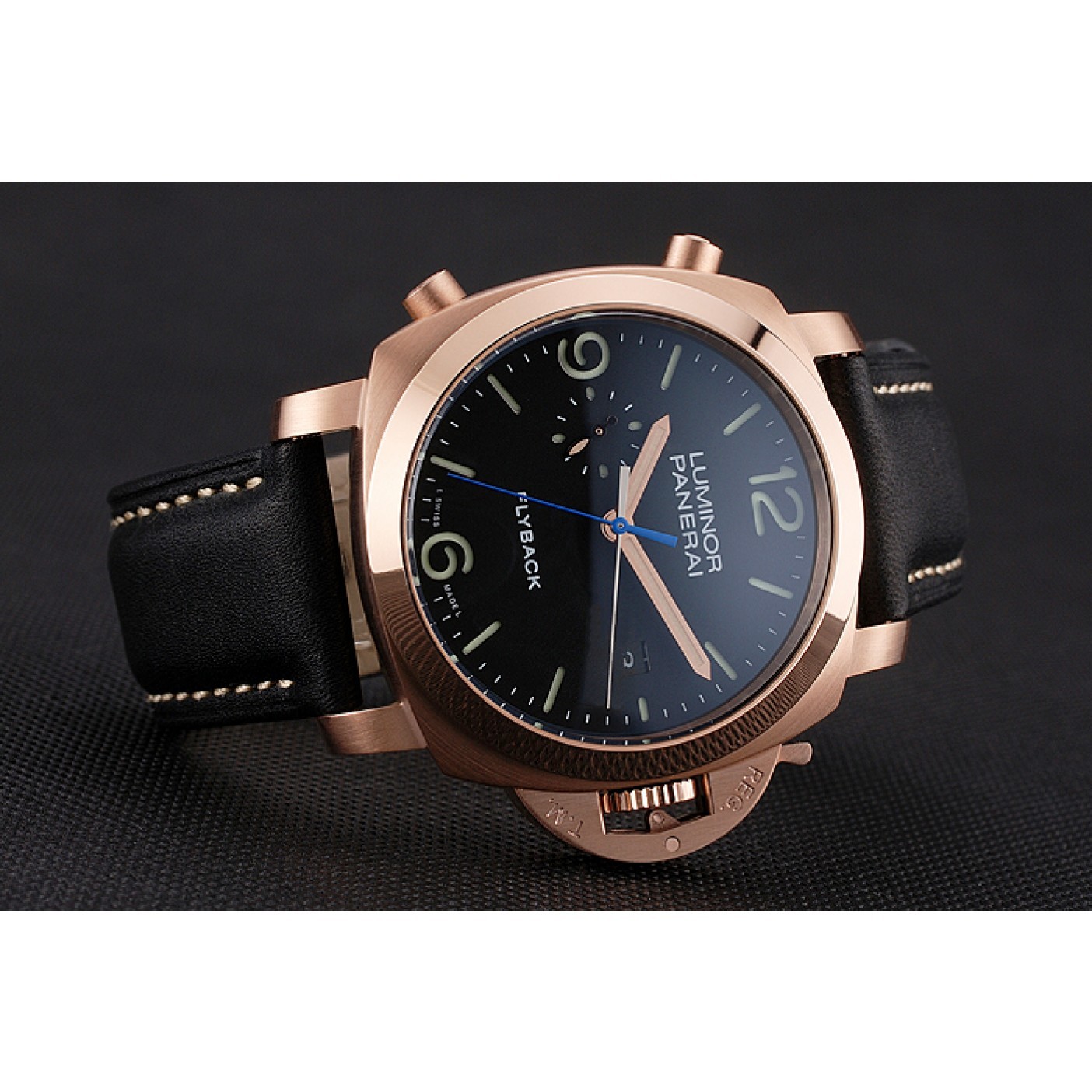 MiroTime Panerai Luminor 1950 3 Days Chrono Flyback Black Dial Rose Gold Case Black Leather Strap