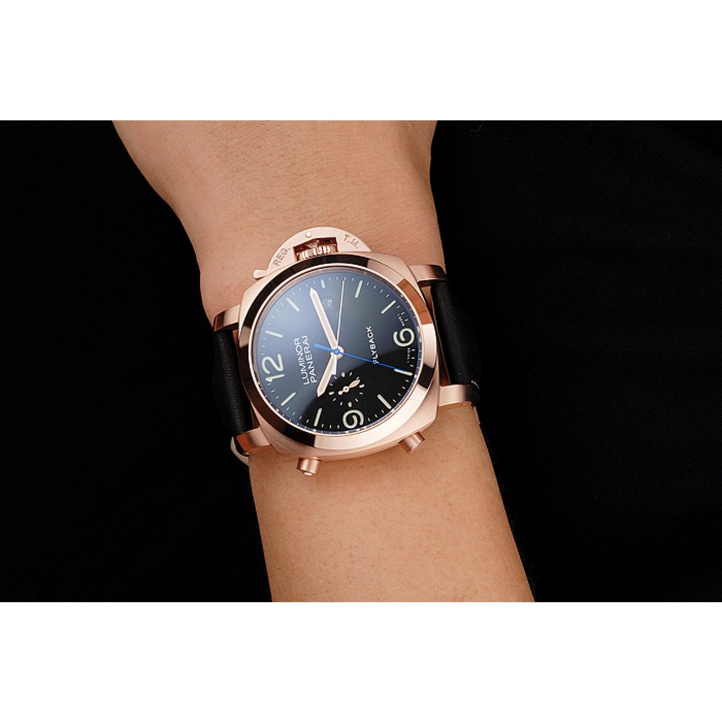 MiroTime Panerai Luminor 1950 3 Days Chrono Flyback Black Dial Rose Gold Case Black Leather Strap