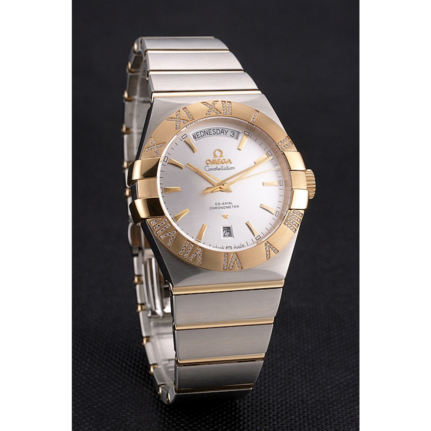 MiroTime Swiss Omega Constellation White Dial Stainless Steel Case Gold Bezel Two Tone Bracelet