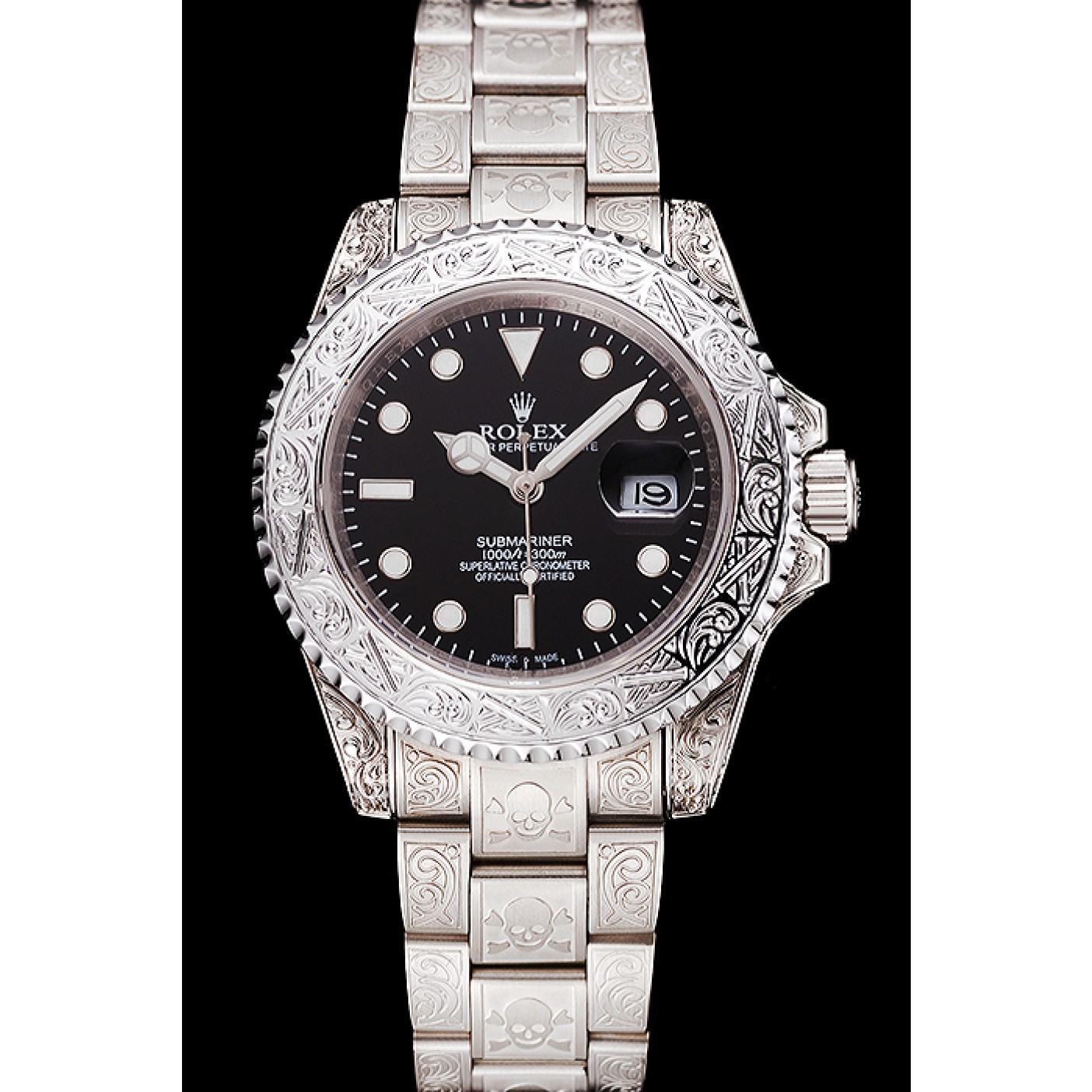 MiroTime Swiss Rolex Submariner Skull Limited Edition Black Dial White Case And Bracelet 1454093